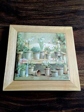 Signed Villomen Framed Tile Art Trivet or Wall Hanging. Botanical Potted Plants